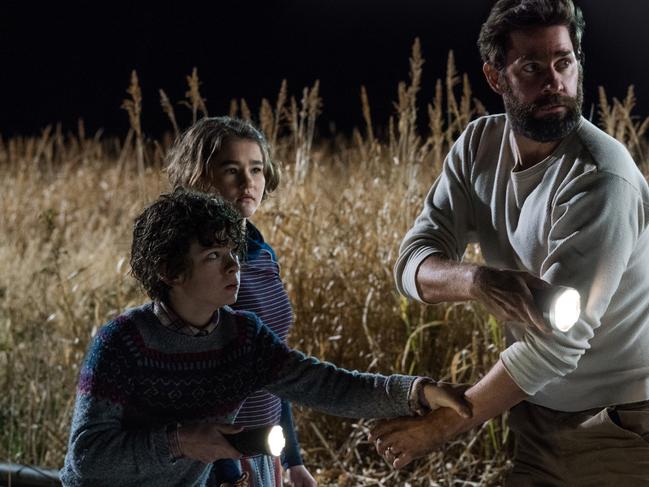 Noah Jupe as Marcus Abbott with co-stars Millicent Simmonds and John Krasinski in A Quiet Place. Picture: Paramount Pictures
