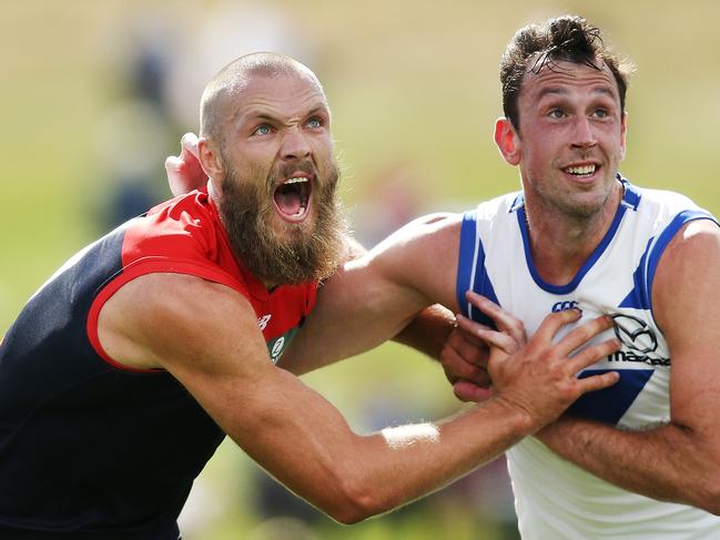 HOBART, AUSTRALIA - FEBRUARY 24:  Max Gawn of the Demons and Todd Goldstein (L) of the Kangaroos compete for the ball during the JLT Community Series AFL match between the North Melbourne Kangaroos and the Melbourne Demons at Blundstone Arena on February 24, 2018 in Hobart, Australia.  (Photo by Michael Dodge/Getty Images)