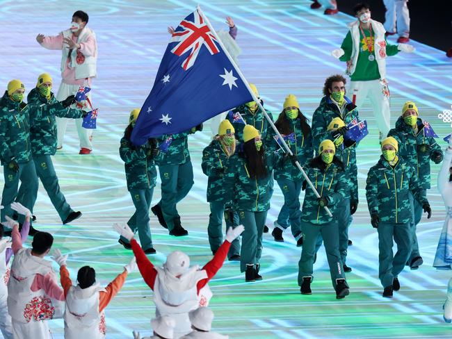 Brendan Kerry and Laura Peel carried the Australian flag at the 2022 Beijing Winter Olympics. Picture: Getty Images
