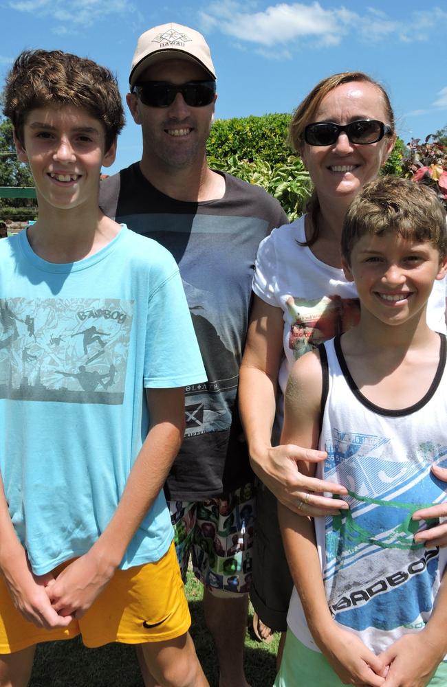 Mitchell, Shane, Mandy and Rhys Yore at Kracker's Bowls Club Krackin' Christmas Party in 2014. Photo Amy Haydock / Morning Bulletin