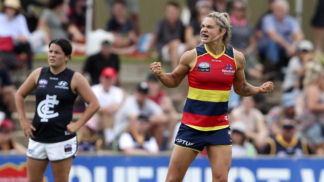 Crows midfielder Anne Hatchard celebrates her goal during the clash with Carlton on Sunday. Picture: Sarah Reed