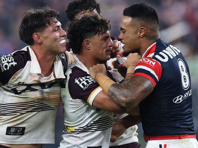 Spencer Leniu (R) will miss the Roosters rematch with the Broncos. Picture: Getty Images