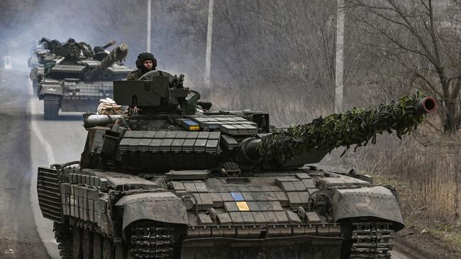 Ukrainian T64 tanks move towards Bakhmut, in the Donetsk Oblast region. Picture: AFP.