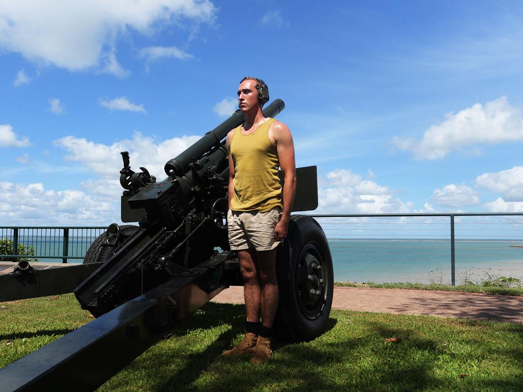 A soldiers stands to attention during the 77th Anniversary of the Bombing of Darwin on Tuesday, February 19, 2019. Picture: KERI MEGELUS