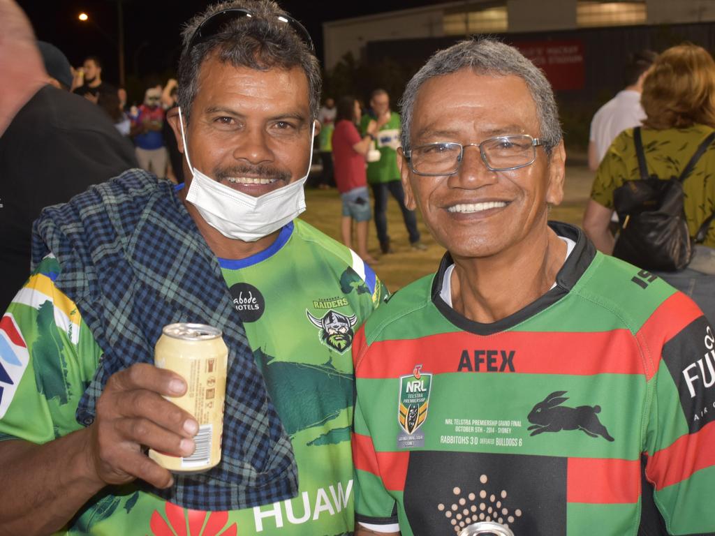 <p>Vince Dorante (left) and Whare Herewini in the crowd at the New Zealand Warriors v Canberra Raiders at BB Print Stadium in Mackay, August 27, 2021. Picture: Matthew Forrest</p>