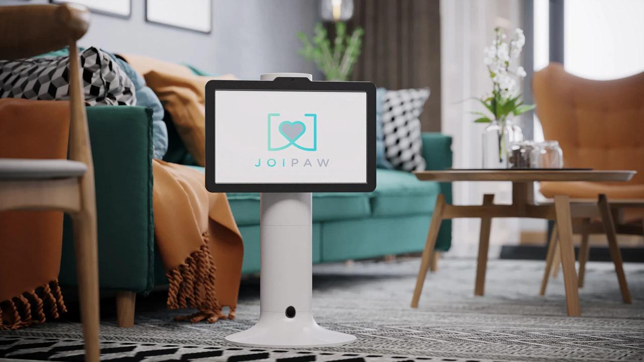 The Joipaw console offers a saliva-resistant touchscreen, a treat dispenser, and a camera so owners can keep an eye on their pets. Picture: Joipaw