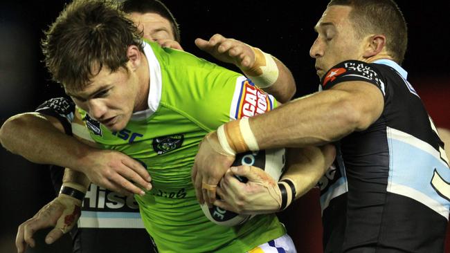 NRL round 18, Cronulla Sharks v Canberra Raiders at Toyota Stadium. Joe Picker tackled by Ben Pomeroy.