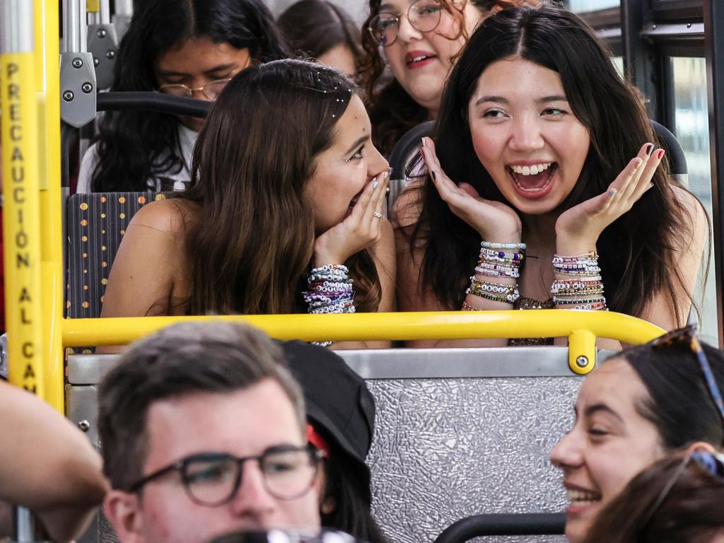 Excited Swifties from Los Angeles ride a shuttle to SoFi Stadium for Taylor Swift’s sold-out Eras Tour in Inglewood. Picture: Allen J. Schaben/Los Angeles Times via Getty Images