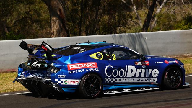 BATHURST, AUSTRALIA - OCTOBER 12: (EDITORS NOTE: A polarising filter was used for this image.) Aaron Love drives the damaged Blanchard Racing Team Ford Mustang during practice for the Bathurst 1000, part of the 2024 Supercars Championship Series at Mount Panorama, on October 12, 2024 in Bathurst, Australia. (Photo by Morgan Hancock/Getty Images)