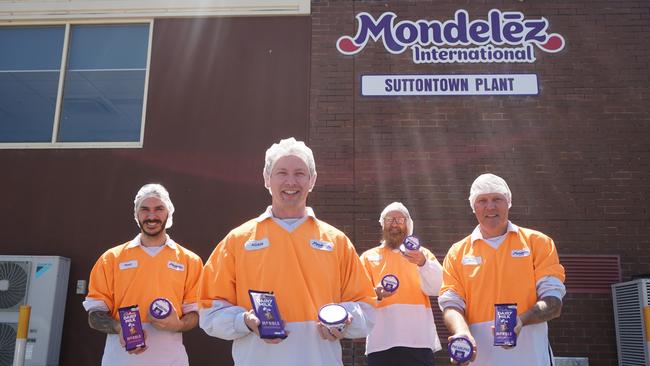 Michael Dean, Adam Borchers, Drew Ripper and Bob White introduce Philadelphia Cream Cheese Cadbury Marble made at Mondelez International's Suttontown factory on the outskirts of Mount Gambier. Picture: Jessica Ball