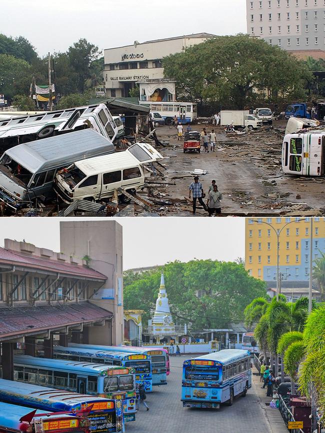 Vehicles damaged in the December 26, 2004 tsunami around the main bus terminal in Galle on December 27, 2004 (top) and buses at the same terminal on December 1, 2024. Picture: AFP