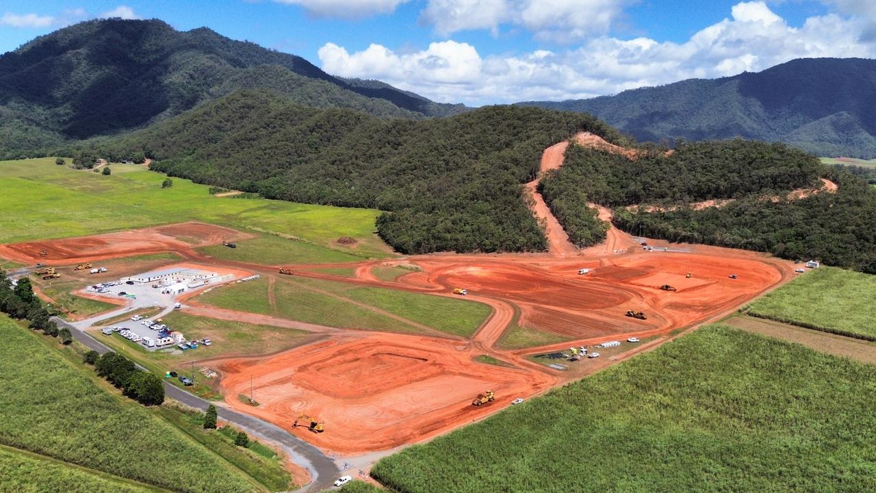 Aerial view of the Cairns Water Security Project Stage One construction site, north of Gordonvale. The $472 million project will generate a new drinking water supply from the Mulgrave River once completed in 2026. Picture Brendan Radke