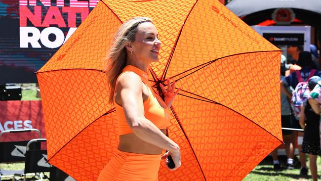 Boost Mobile models Gemma Godwin in the fan zone on day one of the Gold Coast 500 Supercars, held at the Surfers Paradise street circuit. Picture: Brendan Radke