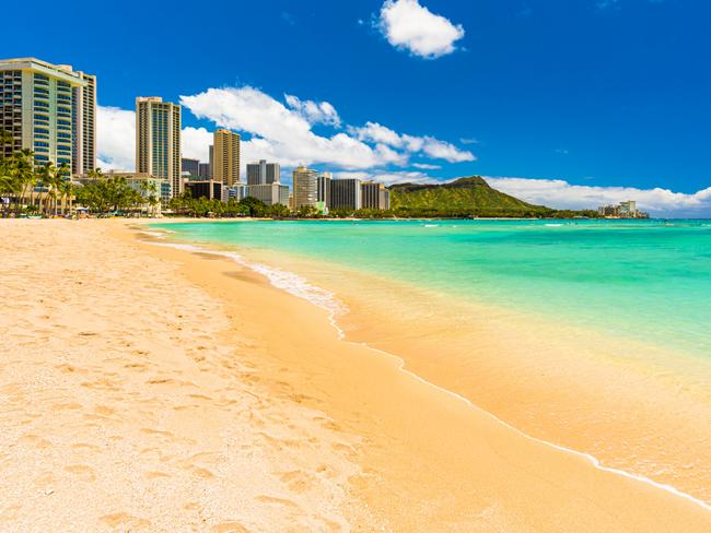 The world famous and iconic Waikiki Beach in Honolulu, Hawaii.