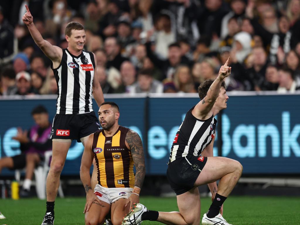 Brody Mihocek celebrates a goal against Hawthorn.