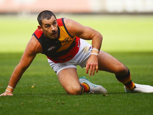 MELBOURNE, AUSTRALIA – JUNE 01: Taylor Walker of the Crows reacts during the round 12 AFL match between Hawthorn Hawks and Adelaide Crows at Melbourne Cricket Ground, on June 01, 2024, in Melbourne, Australia. (Photo by Morgan Hancock/AFL Photos/via Getty Images)