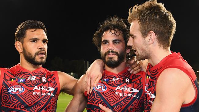 Jeff Garlett (centre), seen here with teammates Neville Jetta (left) and Dom Tyson, leads the Demons goalkicking. Picture: Getty Images