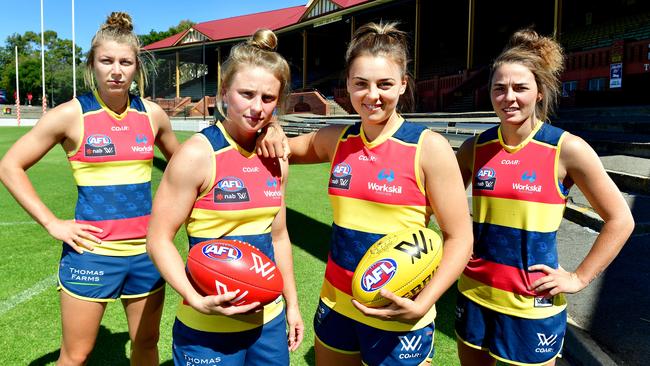 Crows womens players Kellie Gibson, Dayna Cox, Ebony Marinoff and Jenna McCormick at Norwood Oval. Picture: Mark Brake