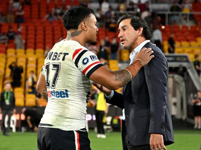The Spencer Leniu and Johnathan Thurston confrontation. Picture: NRL Photos