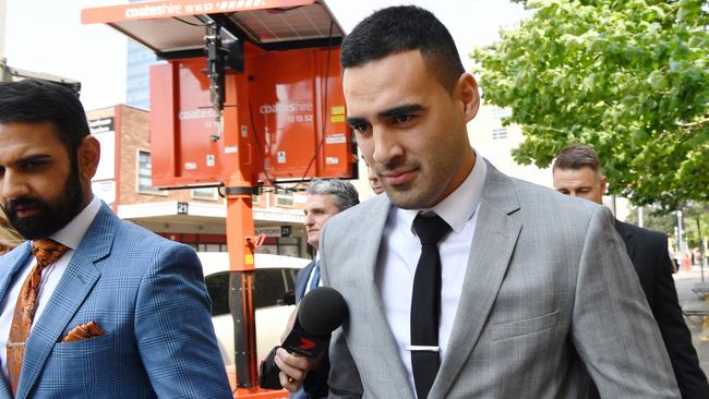 Penrith Panthers NRL player Tyrone May leaves Parramatta Local Court in Sydney, Friday, November 22, 2019. (AAP Image/Dean Lewins) NO ARCHIVING