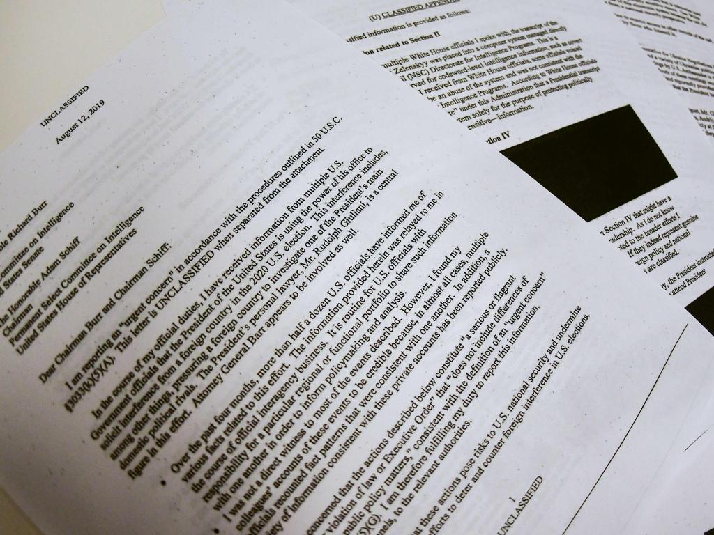 Redacted pages of the whistleblower complaint referring to US President Donald Trump’s call with his Ukrainian counterpart Volodymyr Zelensky. Picture: AFP