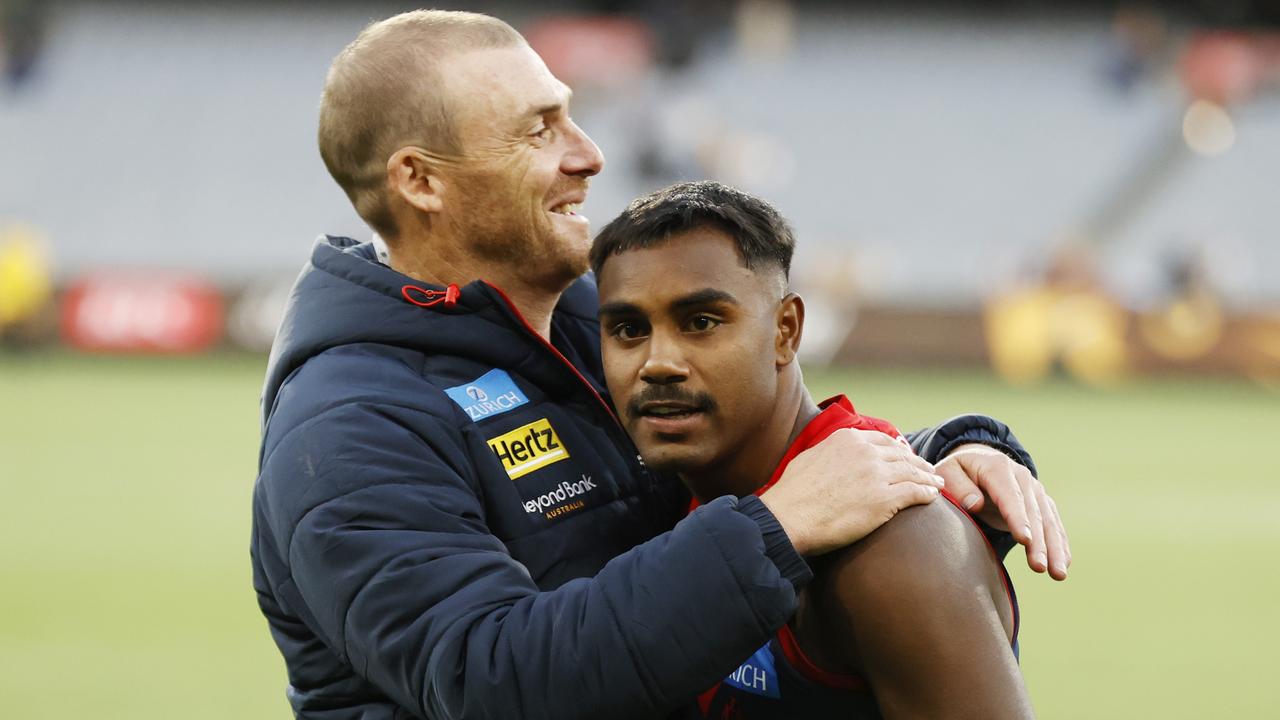 Melbourne coach Simon Goodwin says dynamic forward Kysaiah Pickett needs to keep improving how he attacks the ball. Picture: Darrian Traynor / Getty Images