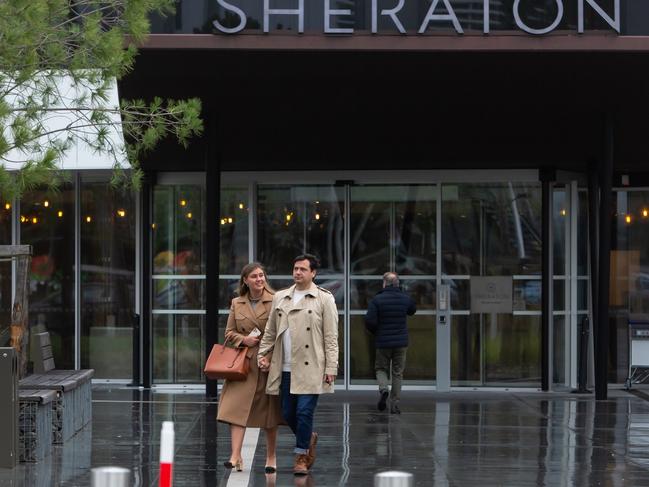 The couple exit the Sheraton at Bordeaux Airport. Picture: Matthieu Rondel