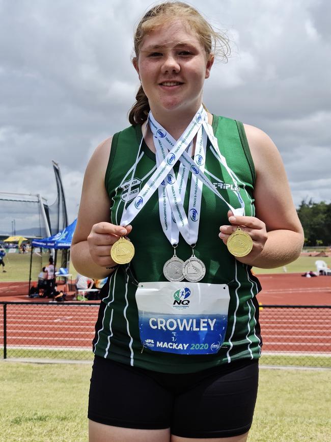 Ipswich and District Athletic Club competitor Mackenzie Crowley with her four medals at the North Queensland championships in Mackay. Picture: Vic Pascoe