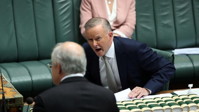 Opposition Leader Anthony Albanese and PM Scott Morrison face off during Question Time in the House of Representatives today. Picture: NCA NewsWire / Gary Ramage