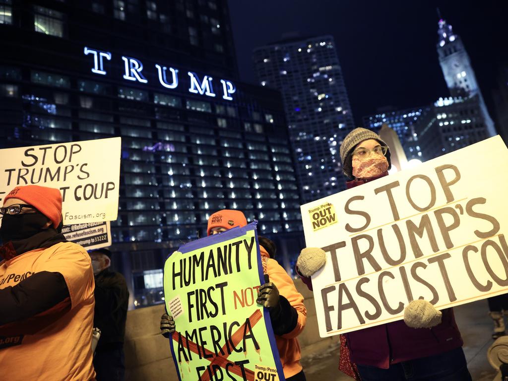 A small group of demonstrators protest near Trump Tower on January 07, 2021 in Chicago, Illinois. Picture: Getty