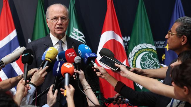 Palestinian Prime Minister Mohammad Mustafa speaks to members of the media during the Madrid+ For the Implementation of the Two States Solution meeting of European and Arab nations in Madrid on Saturday. Picture: AFP