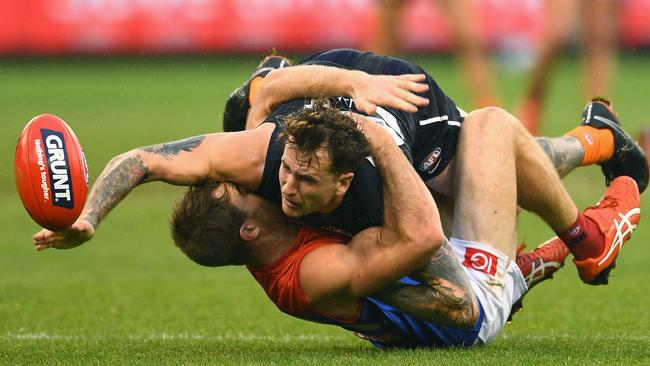 Cameron O’Shea is tackled on Sunday. Picture: Getty Images