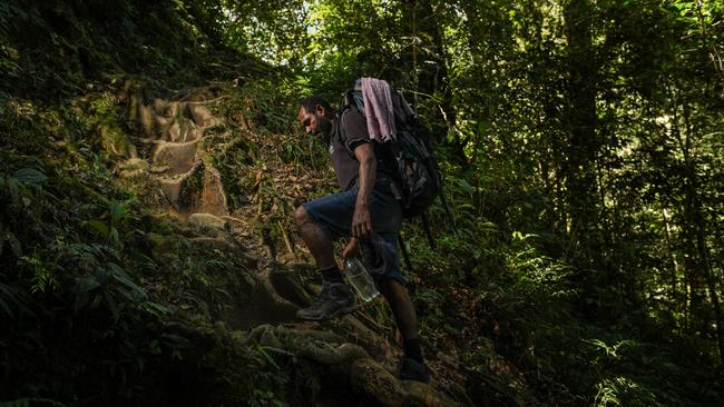 Porter Bexey Mounori climbs a steep hill on the Kokoda Track. Picture: Brad Fleet