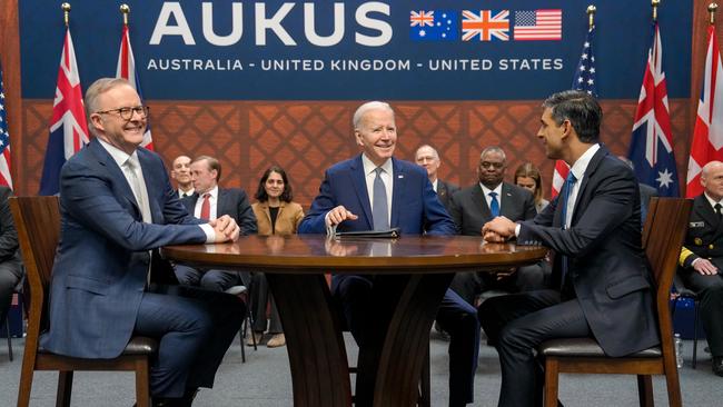 Albanese participates in a trilateral meeting with US President Joe Biden, centre, and British Prime Minister Rishi Sunak, right, during the AUKUS summit in San Diego, California, on March 13, 2023. Picture: US Embassy Australia