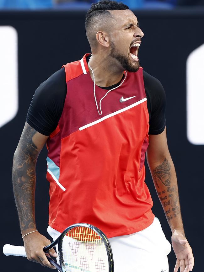 Kyrgios reacts during the spirited match against the Croatian champions. Picture: Darrian Traynor/Getty Images