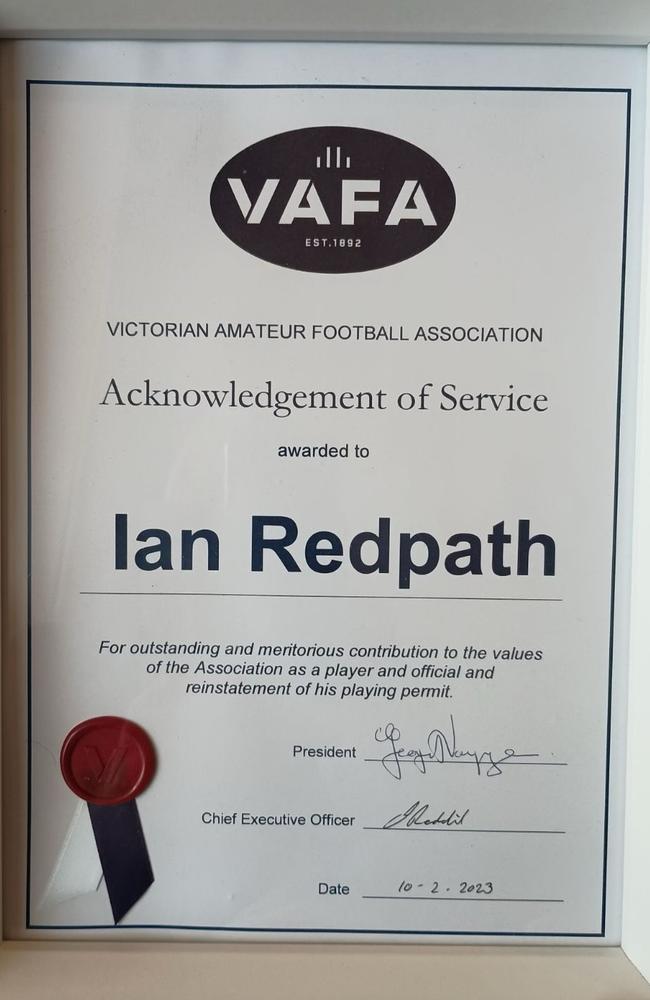 Ian Redpath's certificate from the VAFA.