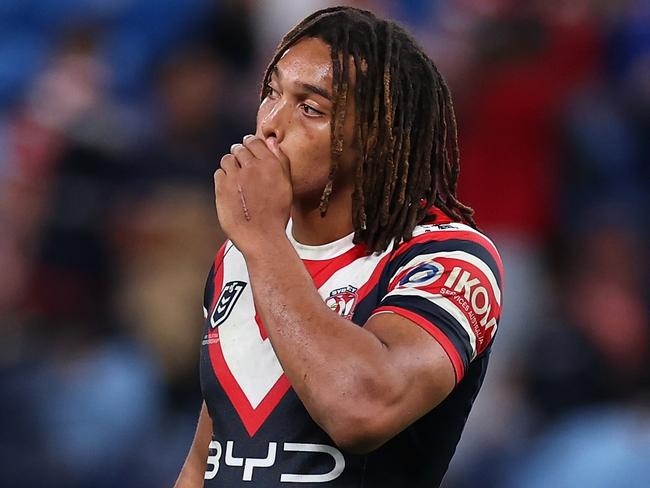SYDNEY, AUSTRALIA - APRIL 19: Dominic Young of the Roosters reacts after losing the round seven NRL match between Sydney Roosters and Penrith Panthers at Allianz Stadium, on April 19, 2025, in Sydney, Australia. (Photo by Cameron Spencer/Getty Images)