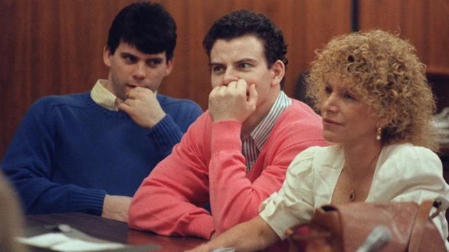 The Menendez brothers Lyle, left, and Erik, and Erik’s lawyer Leslie Abramson during one of their two trials