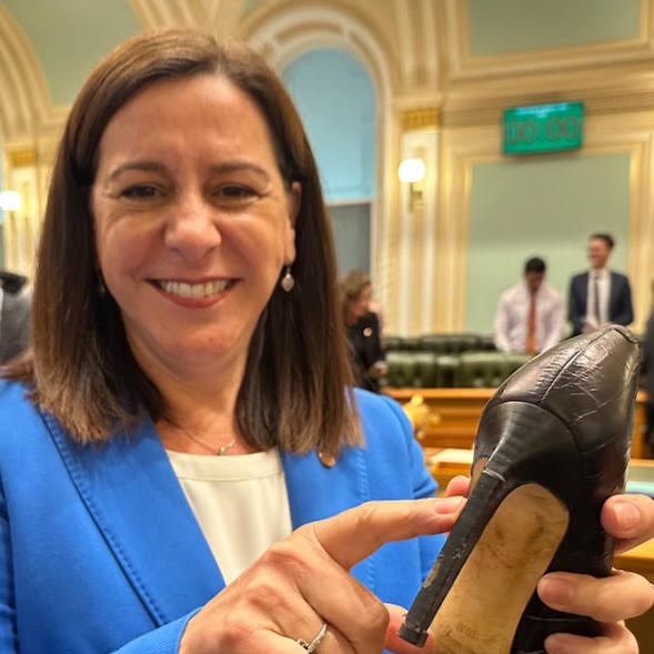 The Opposition’s Energy and Cost of Living spokeswoman Deb Frecklington with her snapped heel.