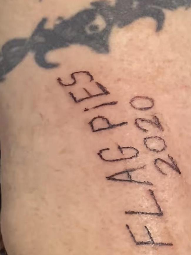 The tattoo has the wrong year, with ‘Flagpies 2020’ rather than 2023. Picture: TikTok, @surina.jogi