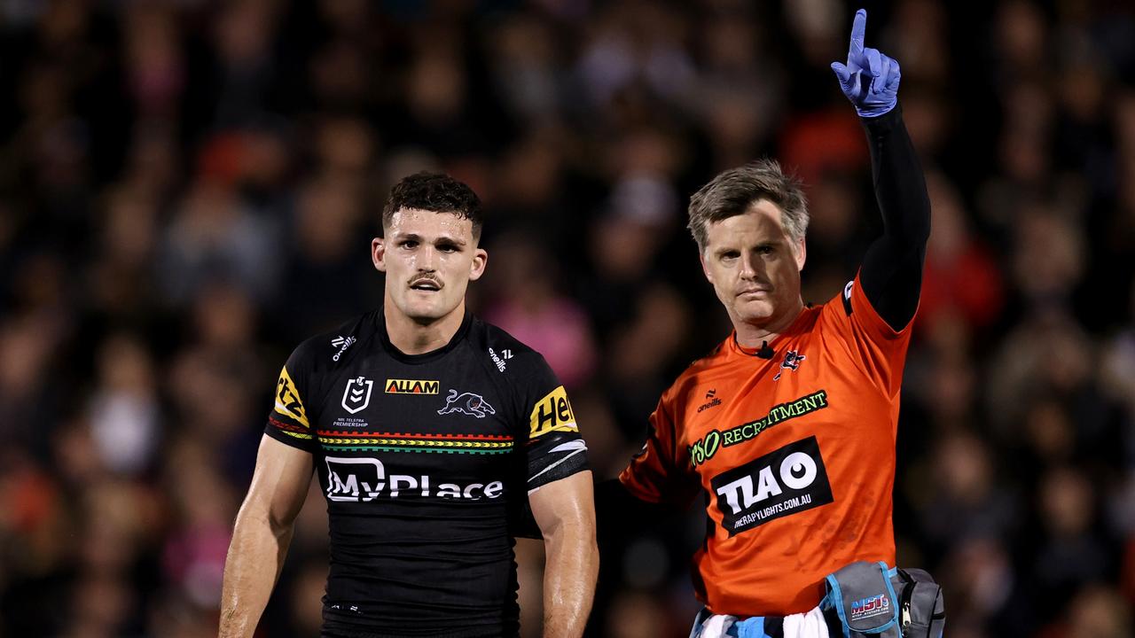 Nathan Cleary got through light duties on Monday morning but won’t return before the finals. Picture: Brendon Thorne/Getty Images