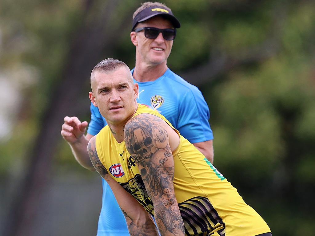 Damien Hardwick says he still doesn’t know when Dustin Martin will be back in action at the Tigers. Picture: Michael Klein