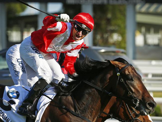 Winning jockey Opie Bosson after his Caulfield Cup triumph on Mongolian Khan. Picture: Colleen Petch