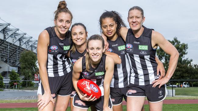 Collingwood stars (from left) Emma King, Nicola Stevens, Alicia Eva, Helen Roden and Meg Hutchins at the Holden Centre ahead of their opening game against Carlton. Picture: Sarah Matray