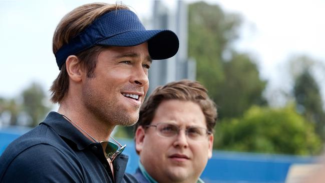 Brad Pitt with Jonah Hill in a scene from film Moneyball.