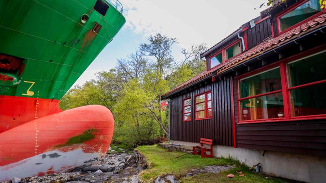 The cargo ship was just metres from Mr Helberg’s home on the Trondheim Fjord coast in Norway. Picture: Jan Langhaug / NTB / AFP