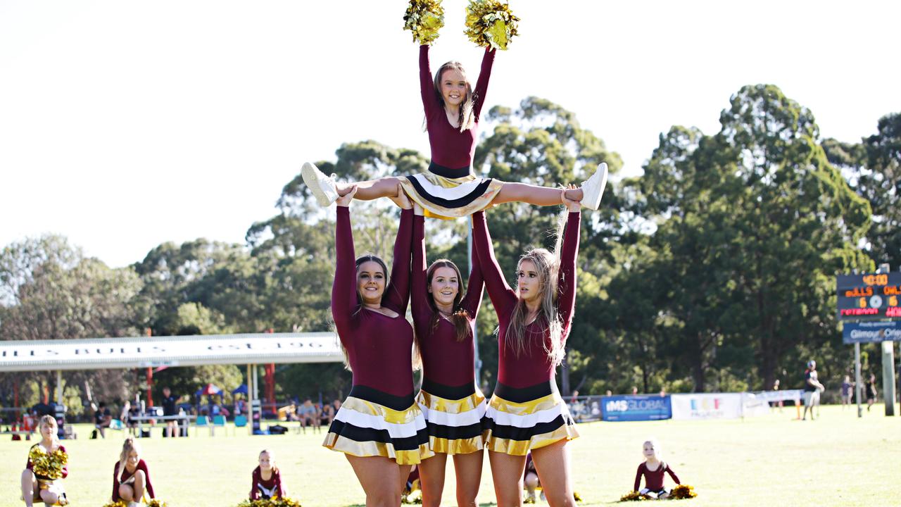 The Hills Bull's Cheerleaders in the Gremmo Memorial Shield at Crestwood Oval on the 7th of April 2019. Photographer: Adam Yip