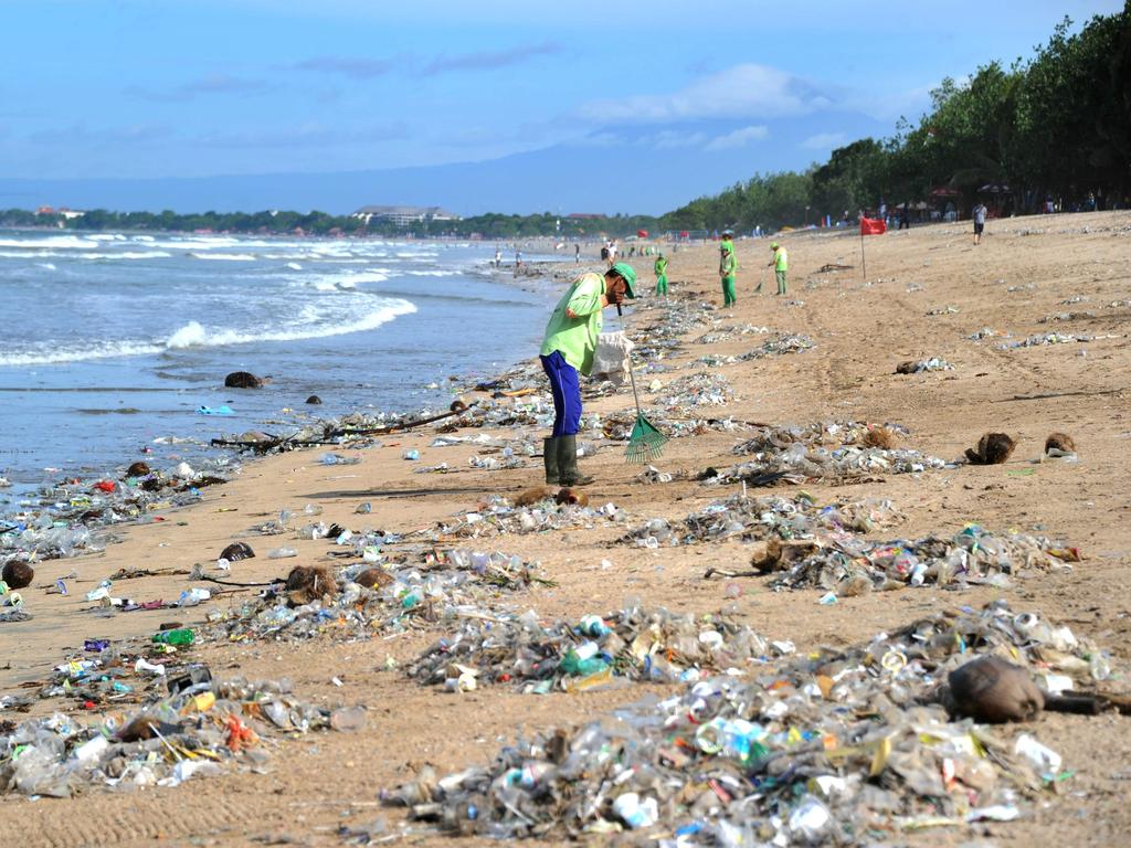 The last few years have seen the rubbish problem worsen on Bali’s beaches. Picture: AFP