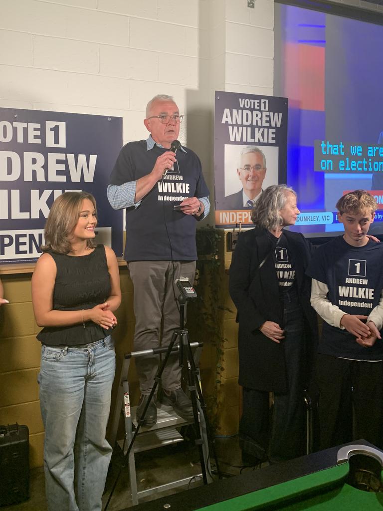 Clark Independent Andrew Wilkie celebrates holding onto the Tasmanian seat at the 2025 federal election. Picture: Duncan Abey