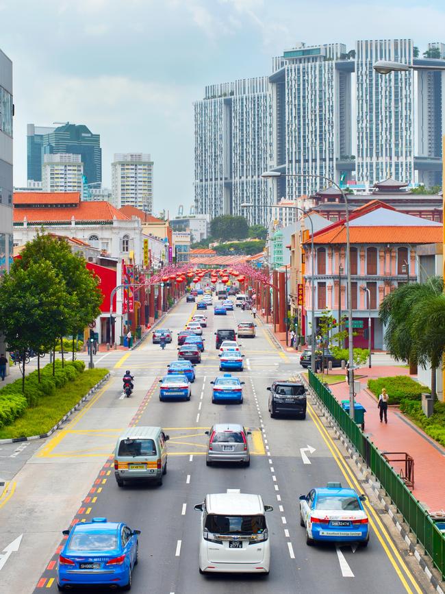 Traffic on a road in Singapore’s Chinatown.